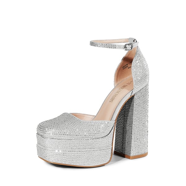 Rhinestone Square Toe Platform Pumps - SILVER-RHINESTONE -  0