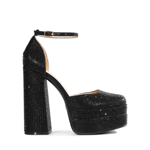 Rhinestone Square Toe Platform Pumps - BLACK-RHINESTONE - 2
