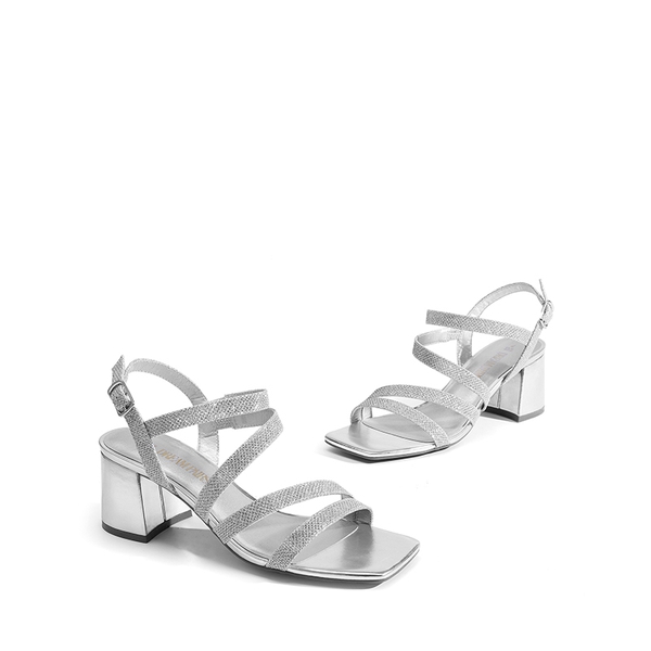 Square Toe Strappy Chunky Sandals - SILVER GLITTER - 5