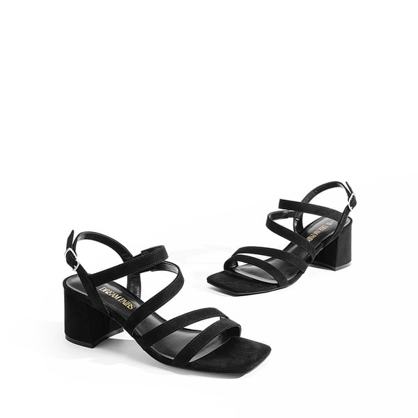 Square Toe Strappy Chunky Sandals - BLACK SUEDE - 5