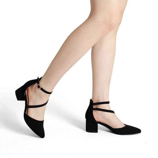 Pointed Toe Strap Chunky Heel Pumps - BLACK-NUBUCK - 2