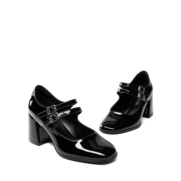 Double Straps Mary Janes Chunky Pumps - BLACK-PAT - 6