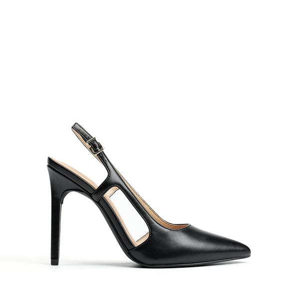 High Stiletto Pointed Toe Slingback Pumps - BLACK-PU - 2