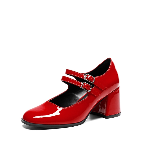 Double Straps Mary Janes Chunky Pumps - RED-PAT -  0