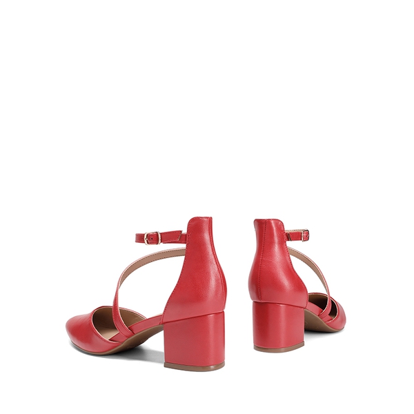 Pointed Toe Strap Chunky Heel Pumps - RED-PU - 5