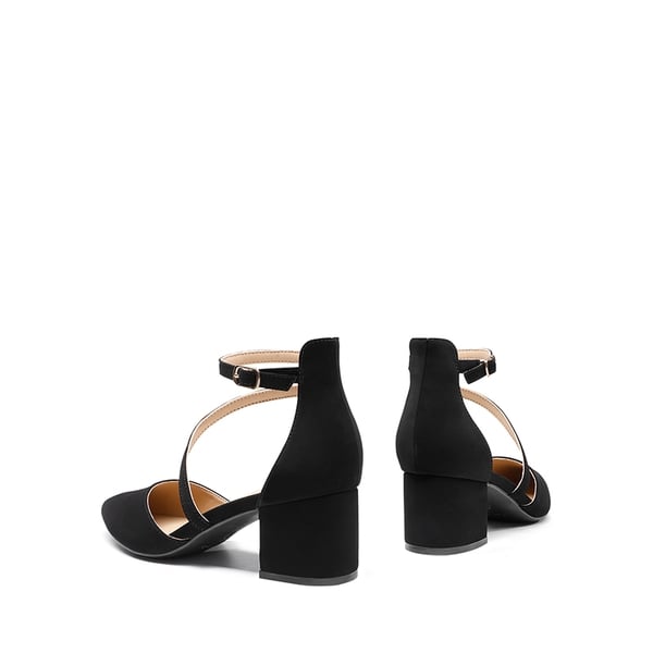 Pointed Toe Strap Chunky Heel Pumps - BLACK-NUBUCK - 5