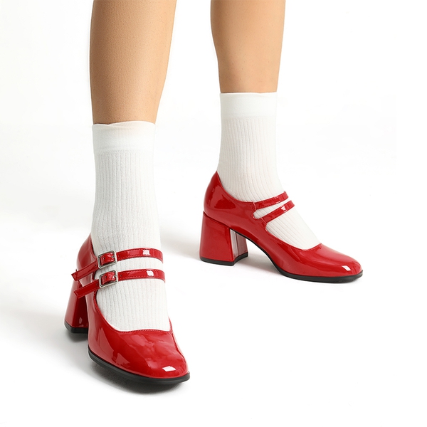 Double Straps Mary Janes Chunky Pumps - RED-PAT - 1