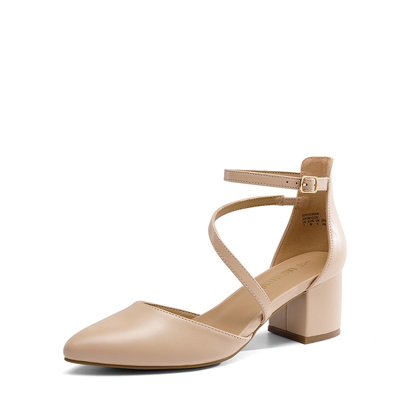 Pointed Toe Strap Chunky Heel Pumps - NUDE-PU -  0