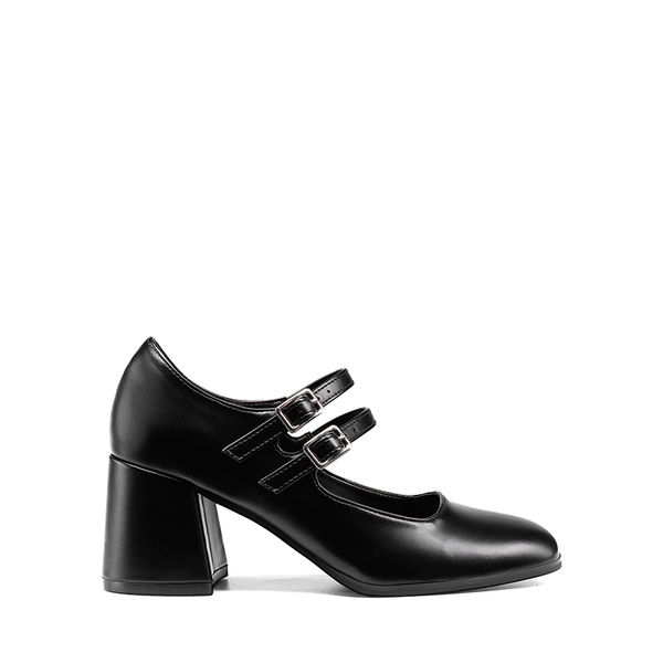 Double Straps Mary Janes Chunky Pumps - BLACK-PU - 3