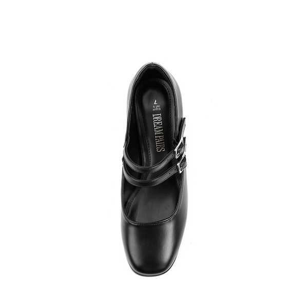 Double Straps Mary Janes Chunky Pumps - BLACK-PU - 5