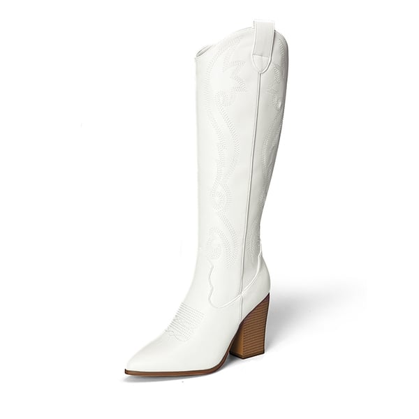  Pointed Toe Embroidered Cowboy Boots - WHITE -  0