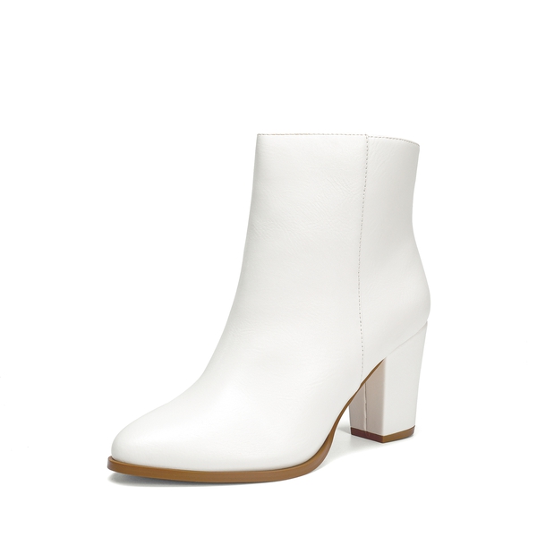 Pointed Toe Chunky Heel Ankle Boots - WHITE-PU -  0