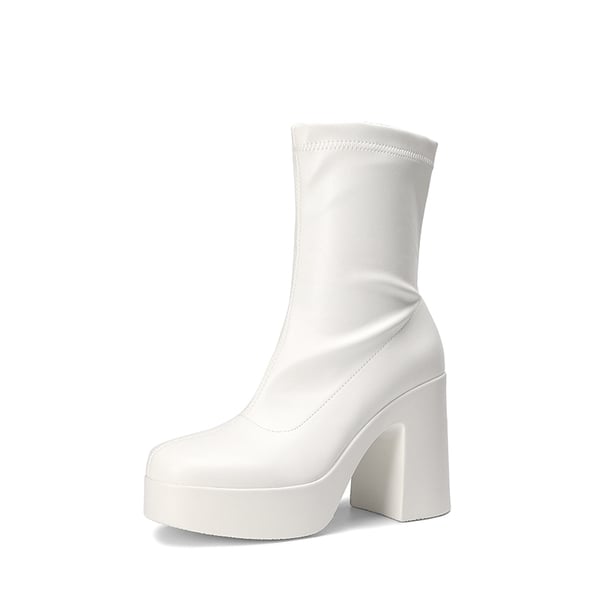 Square Toe Platform Chunky Ankle Boots - WHITE -  0