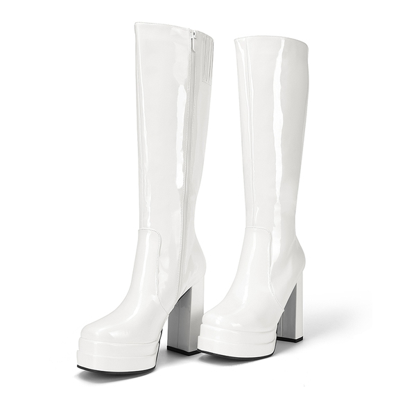 Platform Chunky Knee High Boots - WHITE-PAT - 5