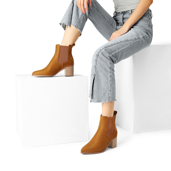 Pointed Toe Chelsea Ankle Boots - TAN-SUEDE - 2