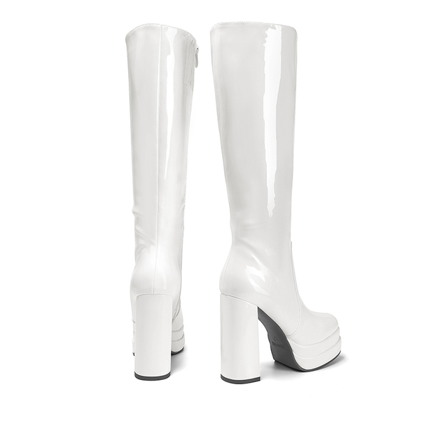 Platform Chunky Knee High Boots - WHITE-PAT - 4