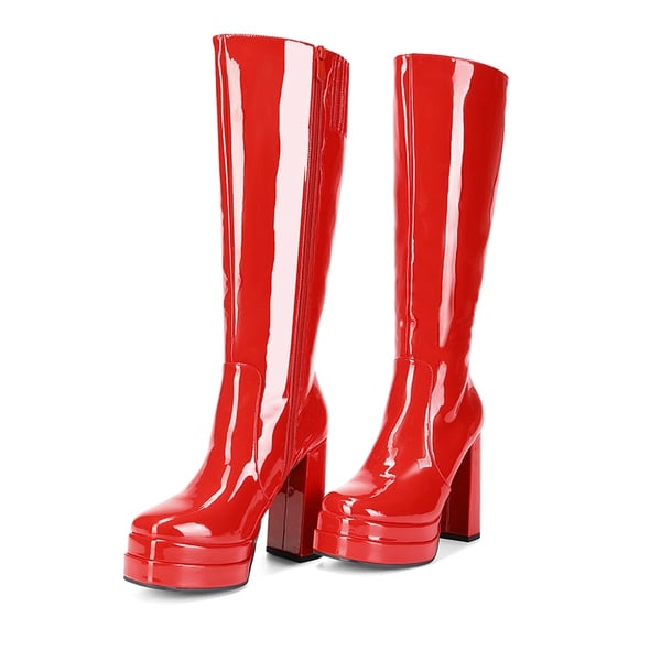 Platform Chunky Knee High Boots - RED-PAT - 5