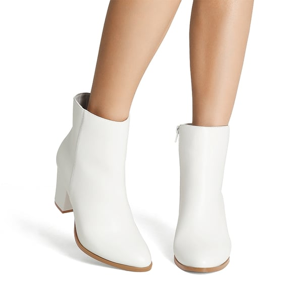 Pointed Toe Chunky Heel Ankle Boots - WHITE-PU - 1