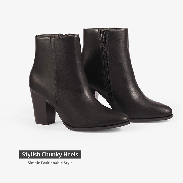 Pointed Toe Chunky Heel Ankle Boots - BLACK-PU - 2
