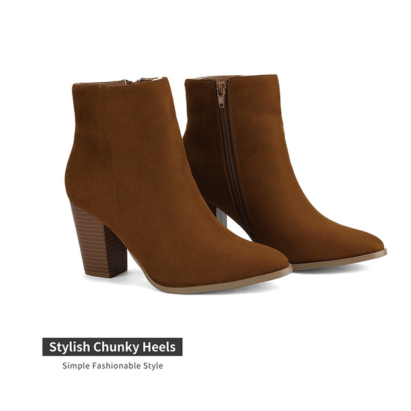 Pointed Toe Chunky Heel Ankle Boots - TAN-SUEDE - 3