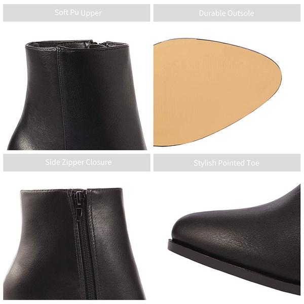 Pointed Toe Chunky Heel Ankle Boots - BLACK-PU - 3