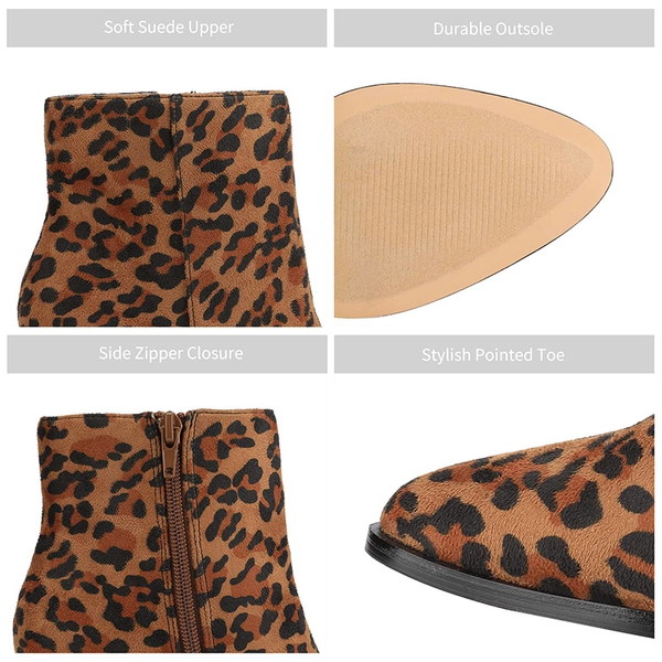 Pointed Toe Chunky Heel Ankle Boots - LEOPARD-SUEDE - 4
