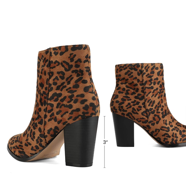 Pointed Toe Chunky Heel Ankle Boots - LEOPARD-SUEDE - 2