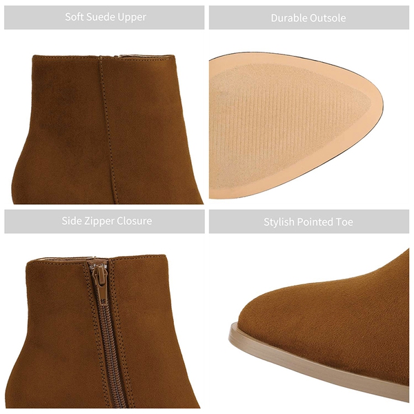 Pointed Toe Chunky Heel Ankle Boots - TAN-SUEDE - 4