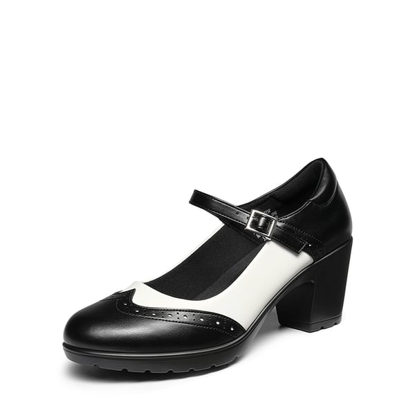  Mary Jane Chunky Heel Pumps - BLACK-WHITE-PU -  0