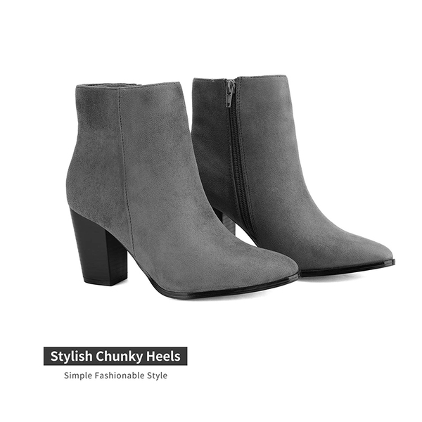 Pointed Toe Chunky Heel Ankle Boots - GREY-SUEDE - 3