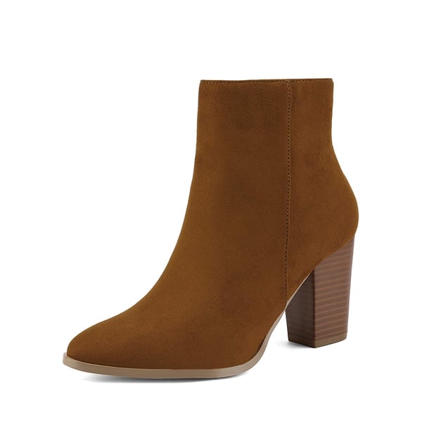 Pointed Toe Chunky Heel Ankle Boots - TAN-SUEDE -  0