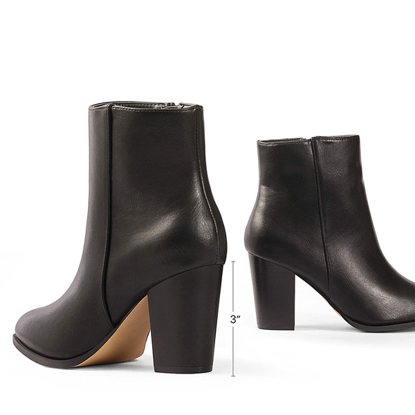 Pointed Toe Chunky Heel Ankle Boots - BLACK-PU - 1