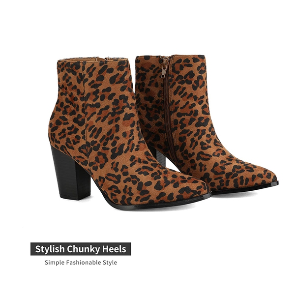 Pointed Toe Chunky Heel Ankle Boots - LEOPARD-SUEDE - 3