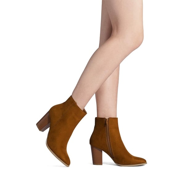 Pointed Toe Chunky Heel Ankle Boots - TAN-SUEDE - 1
