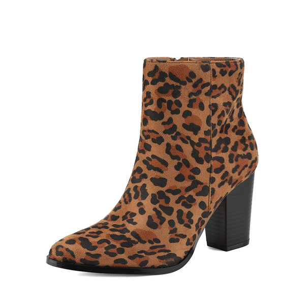 Pointed Toe Chunky Heel Ankle Boots - LEOPARD-SUEDE -  0
