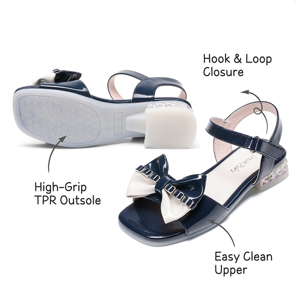 Girls Bow Open Toe Low Heel Sandals - NAVY - 3