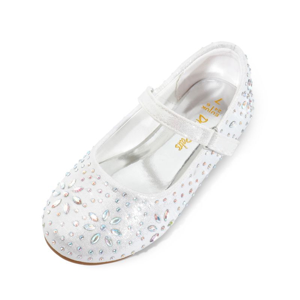 Girl's Mary Jane Buckle Rhinestone Flats - WHITE -  0