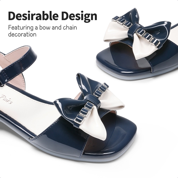 Girls Bow Open Toe Low Heel Sandals - NAVY - 1