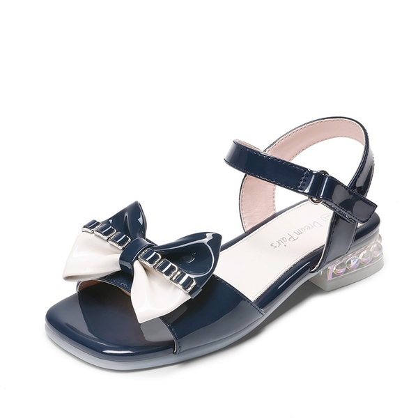 Girls Bow Open Toe Low Heel Sandals - NAVY -  0