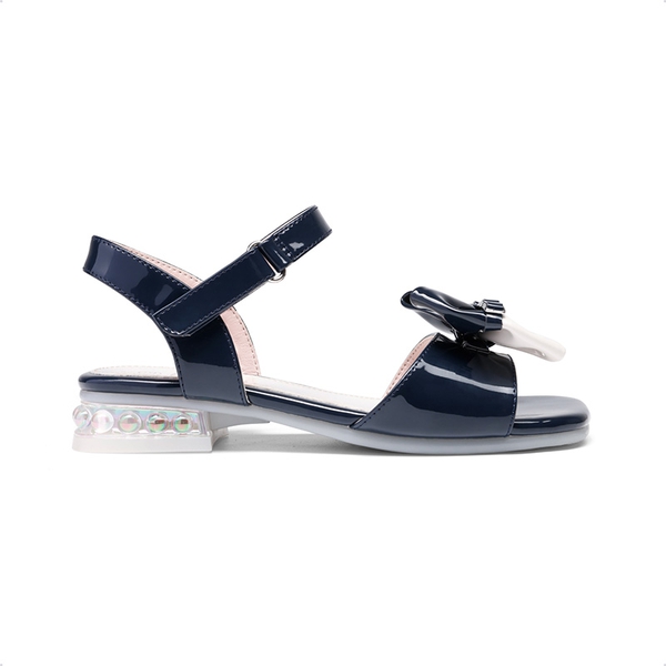 Girls Bow Open Toe Low Heel Sandals - NAVY - 4