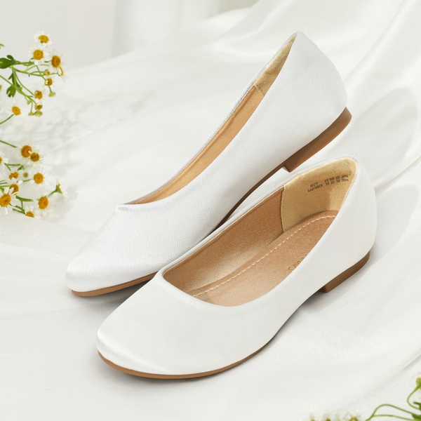 Girl's Comfortable Slip on Ballerina Flats - WHITE SATIN - 1