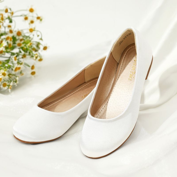 Girl's Comfortable Slip on Ballerina Flats - WHITE SATIN - 3