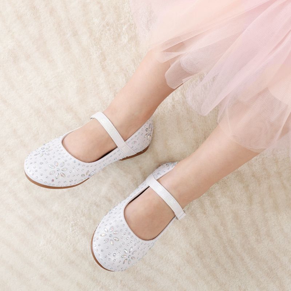 Girl's Mary Jane Buckle Rhinestone Flats - WHITE - 1