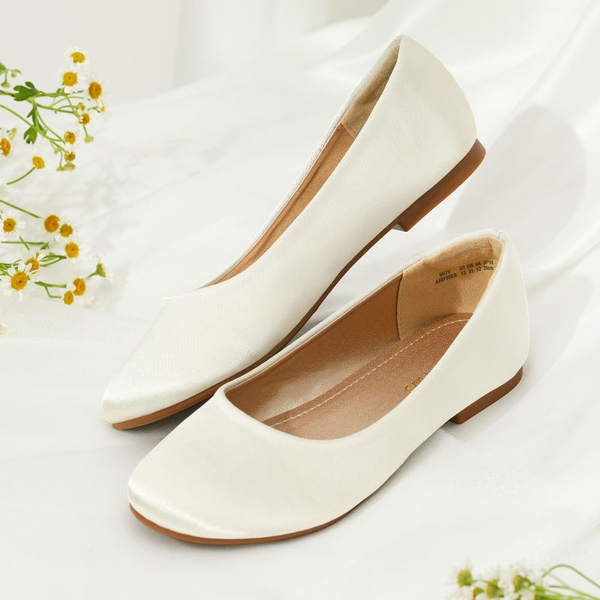 Girl's Comfortable Slip on Ballerina Flats - IVORY SATIN - 1