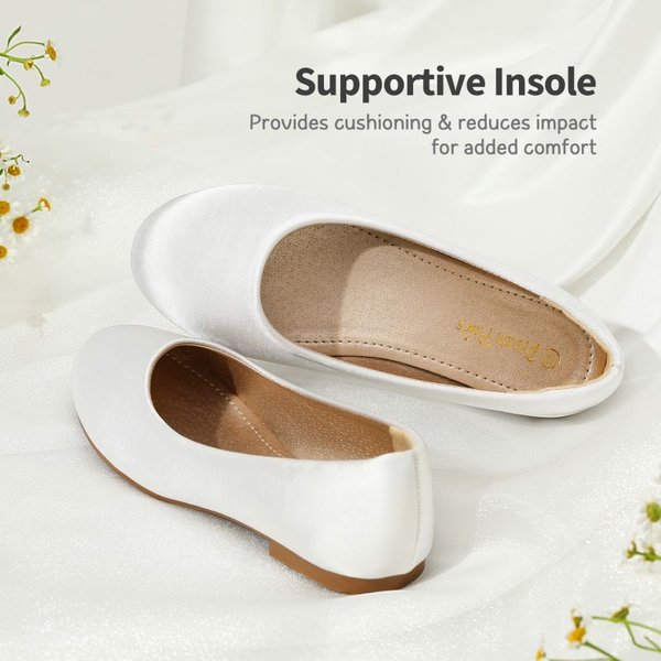 Girl's Comfortable Slip on Ballerina Flats - WHITE SATIN - 4