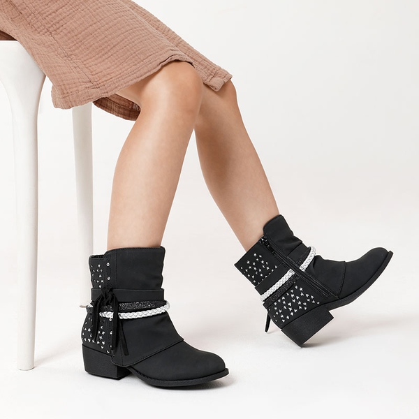 Girls Tassels Low Heel Ankle Boots - BLACK - 1