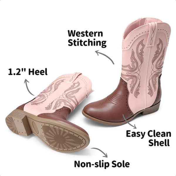 Kids Embroidery Western Cowboy Boots - PINK-BROWN - 2