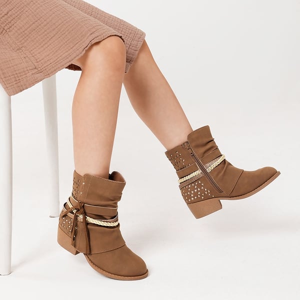 Girls Tassels Low Heel Ankle Boots - CAMEL - 1