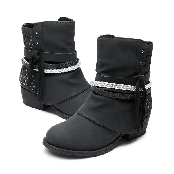 Girls Tassels Low Heel Ankle Boots - BLACK - 3