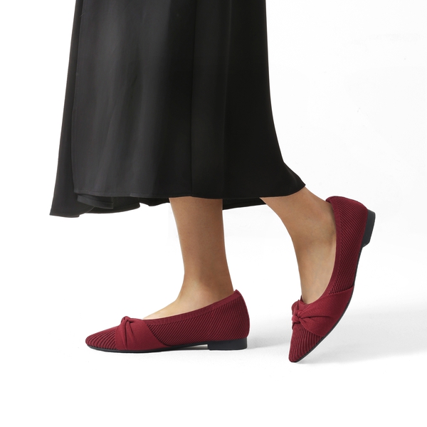 Elegant Pointed Toe Bow Knitted Flat Shoes - BURGUNDY - 1